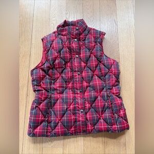 Lands' End Down Quilted Puffer Vest Snap Front Women’s M 10/12 Red Plaid Pockets